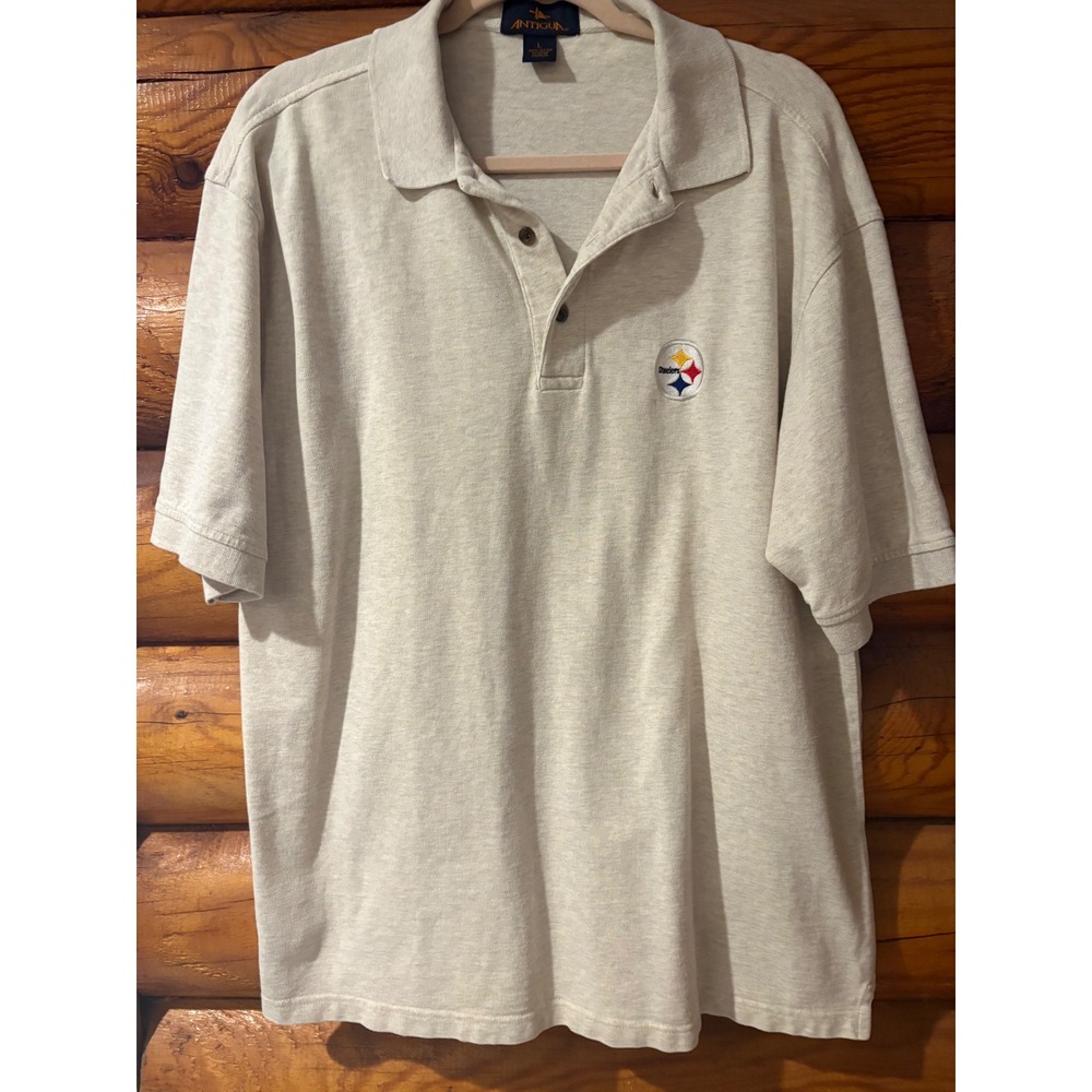 Antigua Pittsburgh Steelers Mens Large Polo Shirt Gray Cotton Short Sleeve NFL